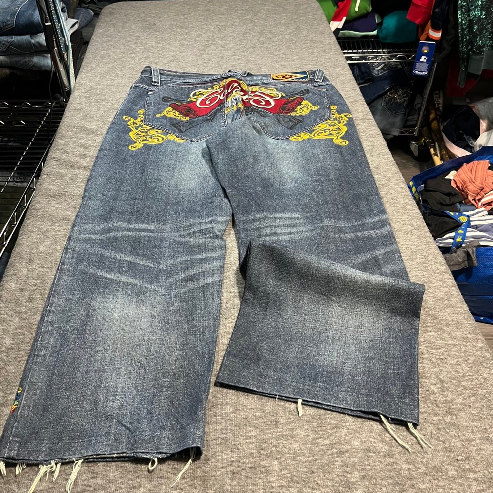 Coogi Australia Baggy Wide‎ Leg Jeans Mens 38x30 Embroidered Dark Wash Grail Y2K